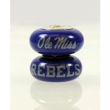 Fenton Blue Glass Collegiate Bead - Mississippi Ole Miss - Sterling Silver Lined