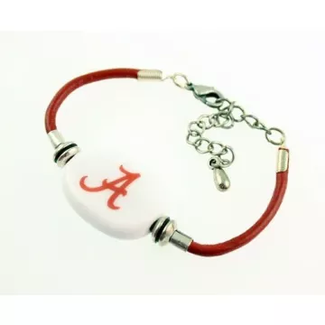 Fenton Collegiate Logo Leather Cord Bracelet- Alabama Roll Tide Milk Glass Bead