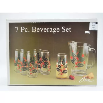 Vintage Crisa Seven Piece Christmas Beverage Set - Holly Pattern - Six Glasses & Pitcher