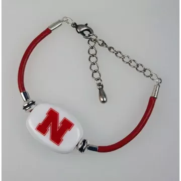 Fenton Collegiate Logo Leather Cord Bracelet- Nebraska Milk Glass Bead