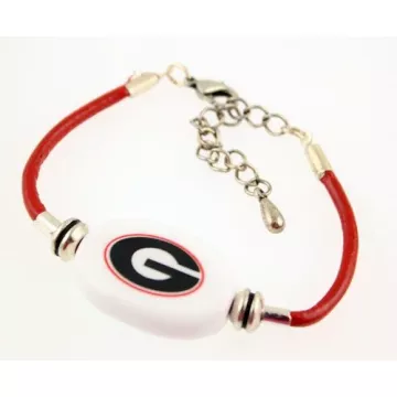Fenton Collegiate Logo Leather Cord Bracelet- Georgia Bulldogs Milk Glass Bead