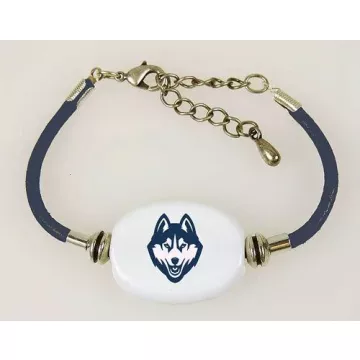 Fenton Collegiate Logo Leather Cord Bracelet- UConn Huskies Milk Glass Bead