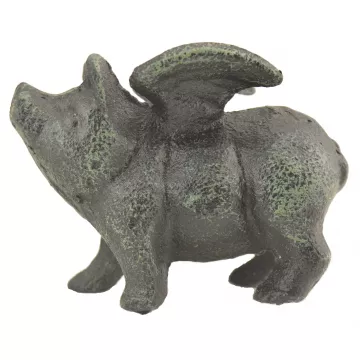 Decorative Metal Sculpture - Flying Pig With Wings - Verdigris Finish - 2.75 T