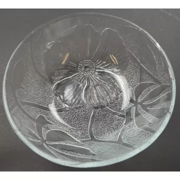 Clear Pebbled Glass Embosssed Floral Pattern Bowl - 6.625 Wide