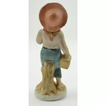 Barefoot Girl With Hat Carrying Basket Ceramic Figurine - 7 Tall