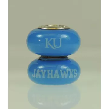 Fenton Blue Glass Collegiate Bead - Kansas Jayhawks - Sterling Silver Lined