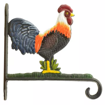 Decorative Rooster Plant Hanger Hook - Colorful Cast Iron - Large 10.25" Deep