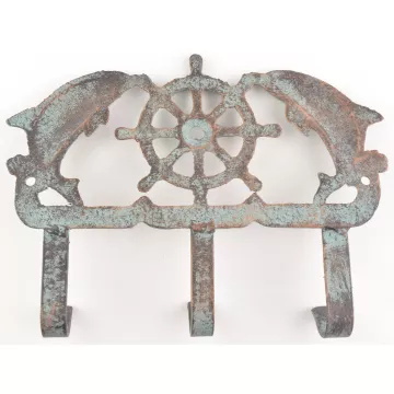 Cast Iron Wall Key Hook - Dolphins & Ship Wheel - 5.5 Wide