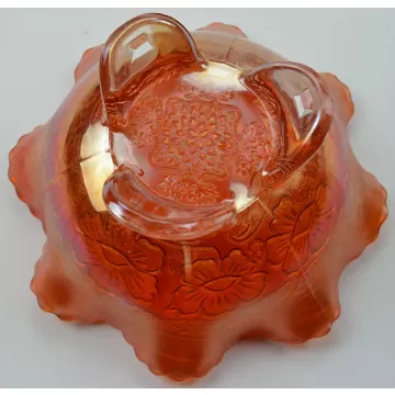 Fenton Art Glass 3 Toed Bowl - Two Flowers Marigold Carnival - 3.75 Tall
