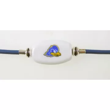 Fenton Collegiate Logo Leather Cord Bracelet- Delaware Blue Hen Milk Glass Bead
