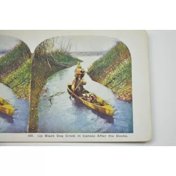 Antique Stereoview - No. 469 - Up Black Dog Creek In Canoes After The Ducks