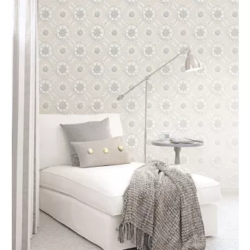 CS35629 Medallion Wallpaper Beige, Metallic Silver Classic Silks 2 Norwall Wallcovering