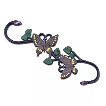 Cast Iron S Style Plant Hook - Brown & Yellow Butterflies - 11.75" Long