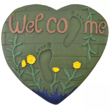 Heart & Foot Prints Welcome Plaque Stepping Stone - Green Cast Iron - 13.13" 