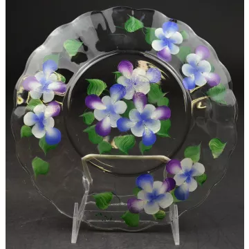 Clear Glass Salad Plate - Hand Painted Floral Pattern - 8.75 Wide