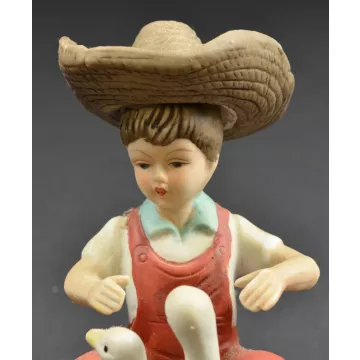 Boy In Straw Hat Playing With The Ducks Ceramic Figurine - 5 Tall