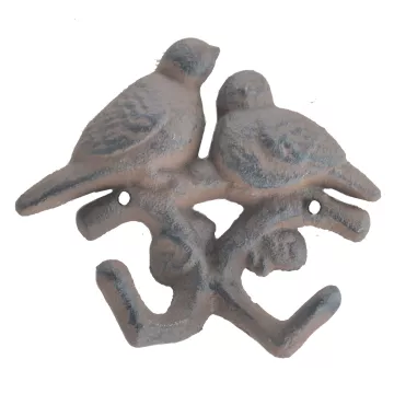 Love Birds On Branch Double Wall Hook - Rust Brown Cast Iron - 4.375 Tall