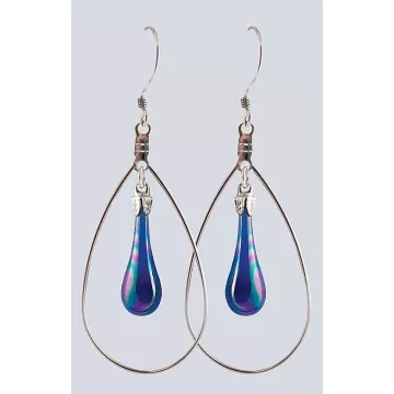 Fenton Art Glass - Hoop Style Teardrop Earrings - Cobalt Iridized