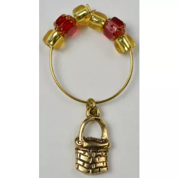 Gold Toned Single Handled Basket Charm With Gold & Red Beads