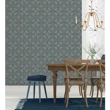 FH37542 Floral Tile Wallpaper Blue, Metallic Gold, Navy Farmhouse Living Norwall Wallcovering