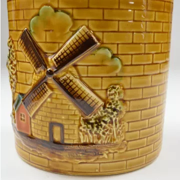 Yellow Ceramic Windmill Pattern Lidded Cookie Jar - 8.5 Tall