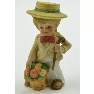 Little Boy Holding Fruit Basket And Cane Ceramic Figurine - 4.25 tall