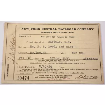 New York Central Railroad Company Ticket Order Slip - 1924 - Vintage Collectible