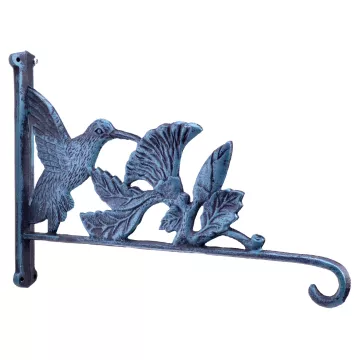 Hummingbird & Flowers Plant Hanger Hook - Verdigris Cast Iron - 12.5" Deep