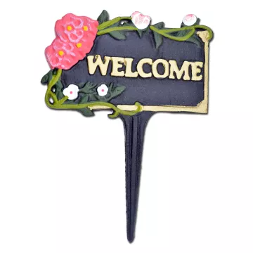 Welcome Garden Plaque Sign - Welcome Pink Flowers - Black Cast Iron - 7" W